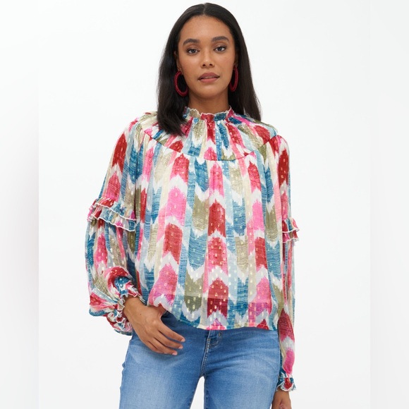 Oliphant Red and Pink Ruffled Blouse with Peter Pan Collar - Picture 2 of 2